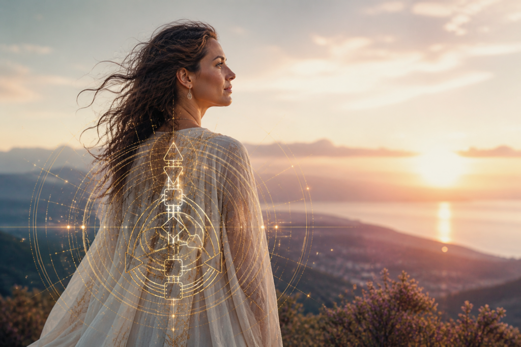 Frau sieht sehnüchtig in die Ferne, mit goldener Human Design Grafik.