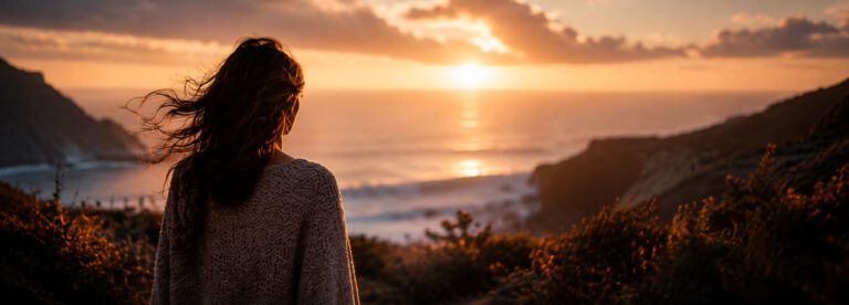 Frau blickt sehnsüchtig aufs Meer bei Sonnenuntergang