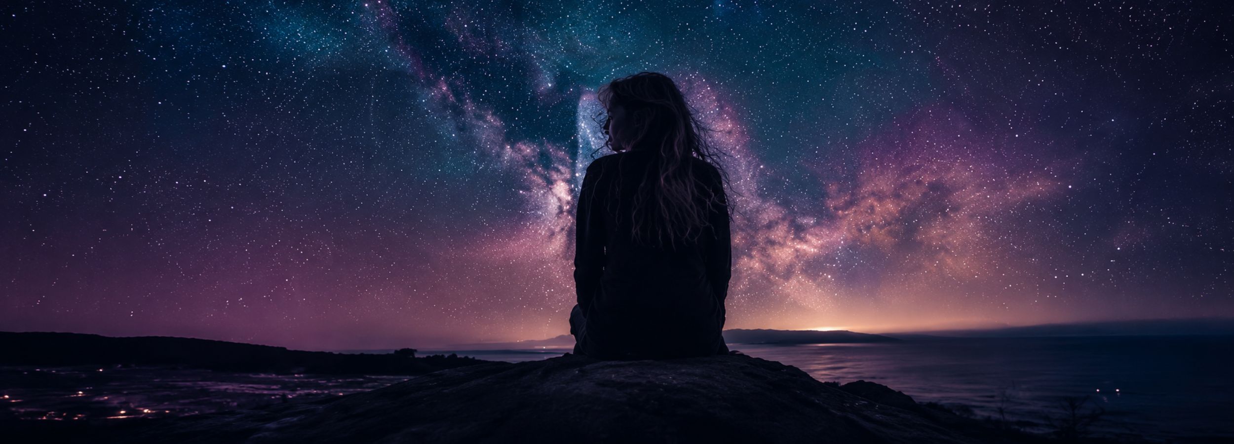 Frau sitzt nachts unterm Sternenhimmel