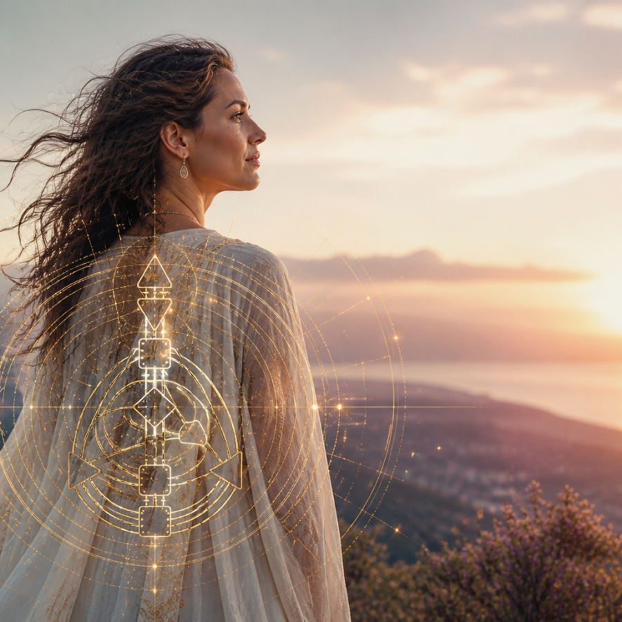 Frau sieht sehnüchtig in die Ferne, mit goldener Human Design Grafik.